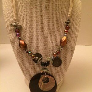 White Cord Necklace Half Moon Bead Silvertone A2.7